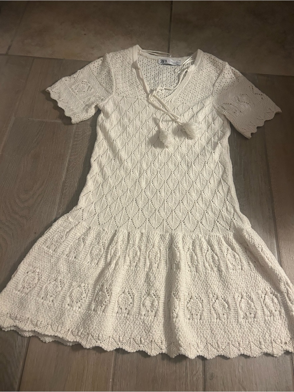 Zara Cream Knit Tie-Front Short Sleeve Dress